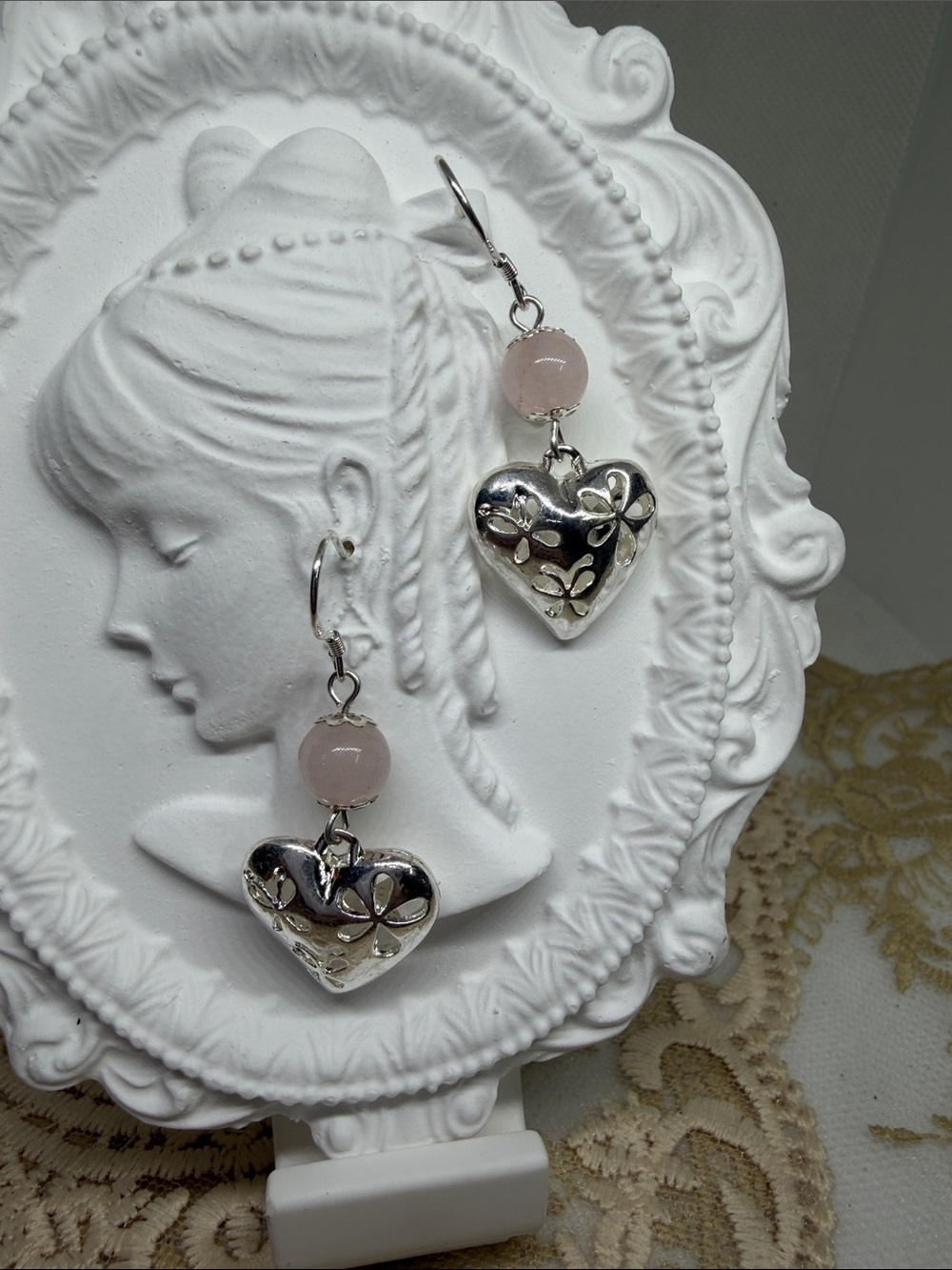 Handmade 925 Sterling Silver Rose Quartz 3D Heart Earrings | Romantic Floral